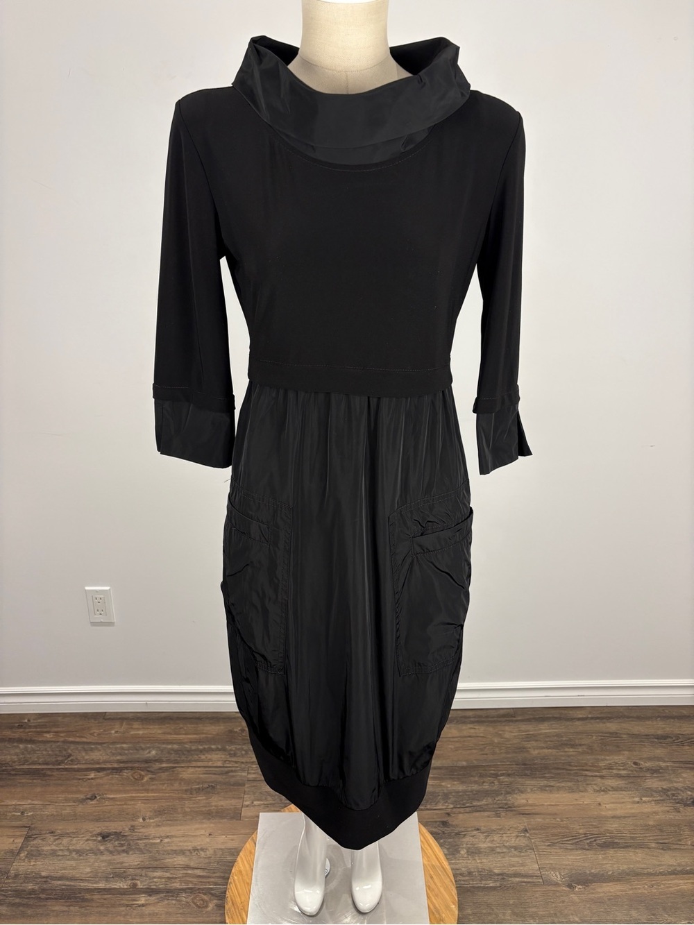 Joseph Ribkoff Black Cocoon Dress Mixed Media Cowl Neck Pockets 2